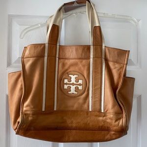 TORY BURCH BUTTER LEATHER TAN SHOULDER BAG TOTE LARGE 16 x 12 side pockets!